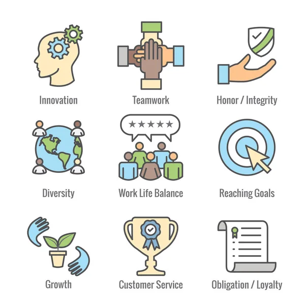 Kernwerte Icon Set Mit Teamwork Work Life Balance Diversity Icons — Stockvektor