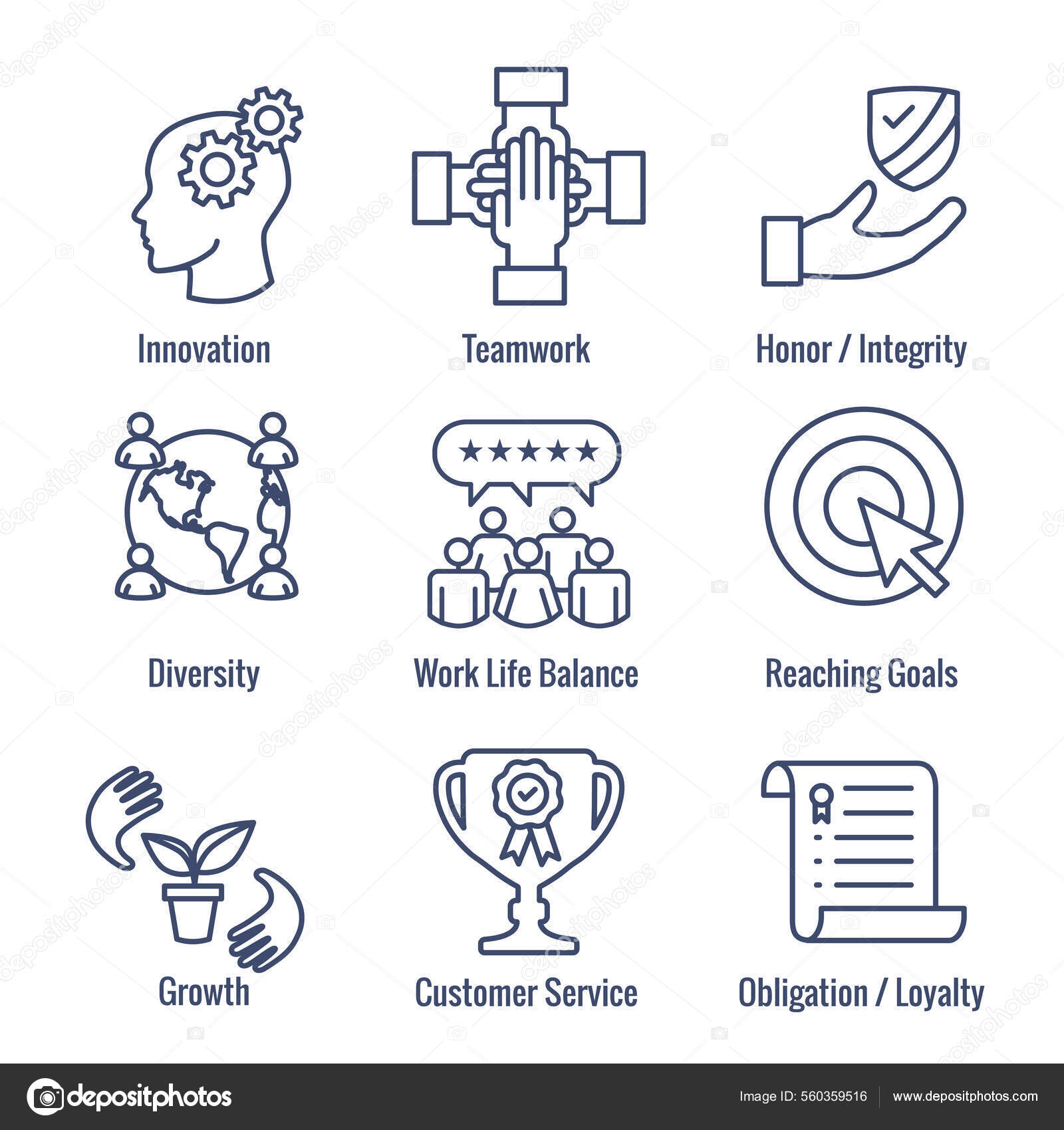 Conjunto Iconos Valores Básicos Con Trabajo Equipo Equilibrio ...