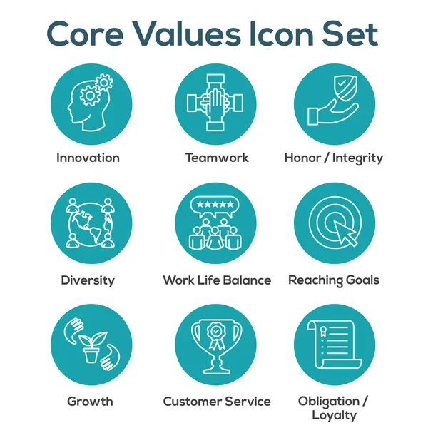 Core Values Icon Set Teamwork Work Life Balance Diversity — Stock Vector
