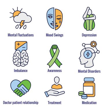 Bipolar Disorder and Depression BP Icon Set Showing Mental Health Symptoms