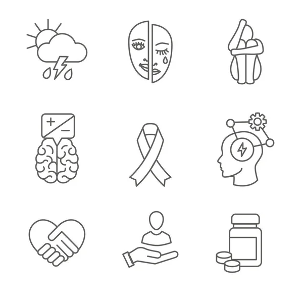 Bipolar Disorder Depression Icon Set Showing Mental Health Symptoms — Stock Vector