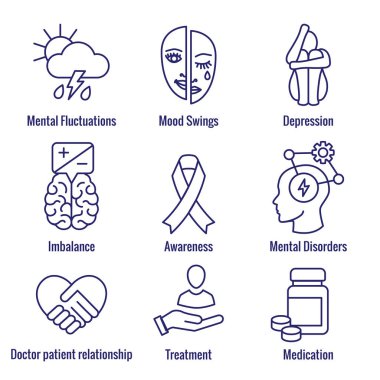 Bipolar Disorder and Depression BP Icon Set Showing Mental Health Symptoms