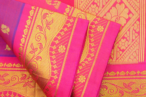 Pink Silk Sari Gold Floral Design Background — Zdjęcie stockowe