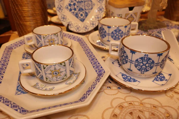 Prachtige Koffie Servies Met Gouden Rand Van Luiz Maranho — Stockfoto