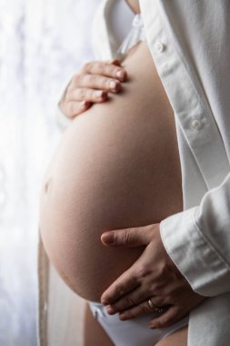 Dokuz ay boyunca karnına dokunan hamile bir kadın resmi. Karnını tutan hamile bir kadın. Hamile bir kız. Beyaz arka planda hamile bir kadının karnı.,