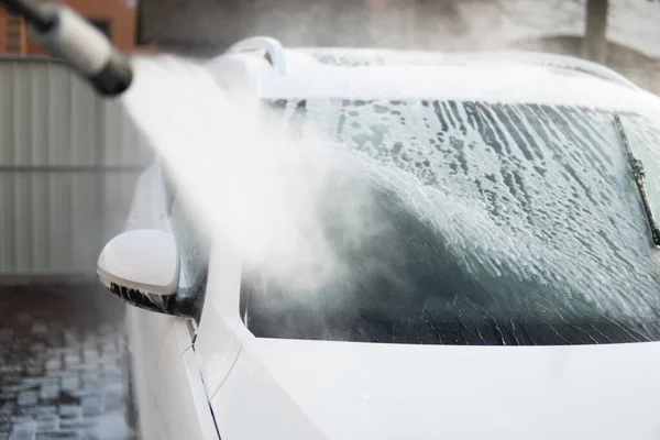 Água Alta Pressão Limpeza Carro Usando Lavagem Com Sabão Lavagem — Fotografia de Stock
