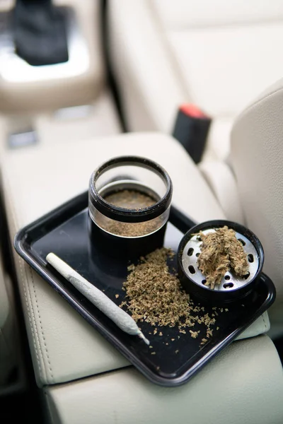 Auto Hintergrund Schließen Marihuana Knospen Blüten Von Cannabis Zerfetzter Cannabis — Stockfoto
