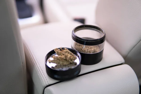 Cannabis Grinder Joint Packet Weed Car Background Close Marijuana Bud —  Fotos de Stock