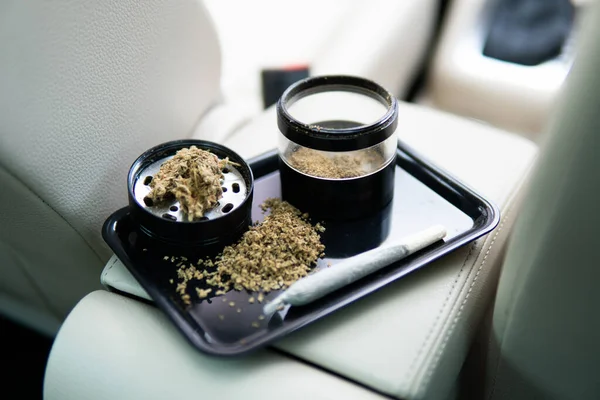 Packet Weed Car Background Close Marijuana Bud Flowers Cannabis Grinder — стоковое фото