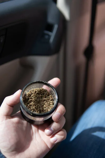 Weed Car Background Close Marijuana Bud Flowers Cannabis Grinder Hand —  Fotos de Stock