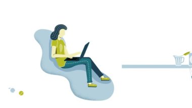 Bilgisayardaki uzaktan kumandanın animasyonu. Freelancer evde çalışıyor. Merkez ofiste başarılı bir tüccar ya da yönetici çalışıyor..