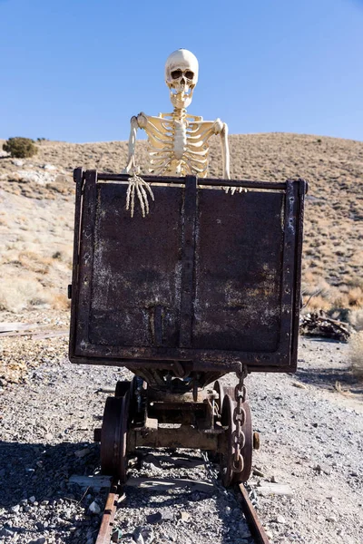 Esqueleto Montando Carrinho Minério Deserto Linha Reta Vista — Fotografia de Stock