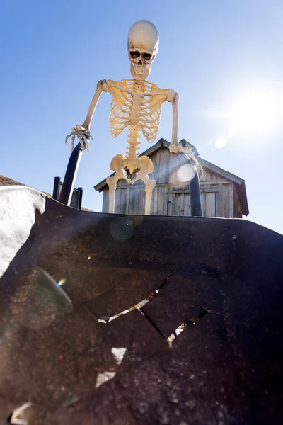 Szkielet Pchający Zardzewiałą Taczkę Wypełnioną Pęknięciami — Zdjęcie stockowe