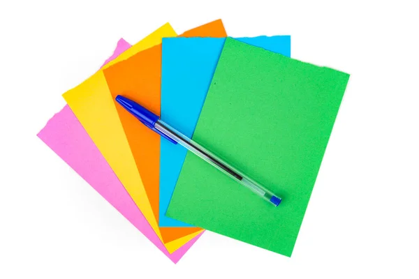 Pluma Oficina Azul Sobre Papeles Bloc Notas Multicolores Aislados Sobre — Foto de Stock