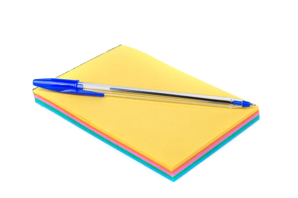 Penna Scrittura Blu Blocco Note Sfoderato Con Pagine Strappo Colorate — Foto Stock