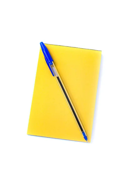 Blue Writing Pen Unlined Note Pad Yellow Colored Tear Pages — Stock Photo, Image