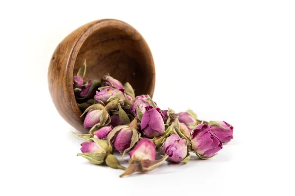 Kiszáradt Rózsaszín Rózsabimbók Kiömlött Egy Kis Fából Készült Tálból Stock Kép