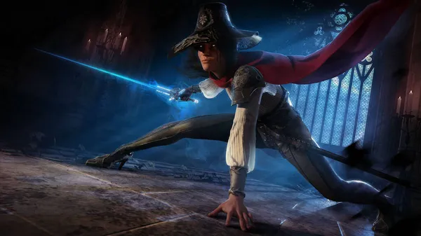 A beautiful witch hunter woman in a pointed hat, froze in an epic pose with an ice rapier against the background of the cathedral in the moonlight, she is wearing a tight suit and a cool 3d rendering