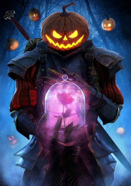 The sinister pumpkin knight holds a beautiful rose in his hand, it glows softly through a shiny glass dome, he stands in plate armor in the middle of a languid misty forest. 3d rendering