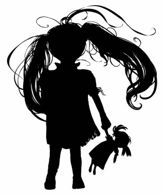 The silhouette of a little girl with long hair in ponytails, she is wearing a short torn dress, and a simple doll toy, the wind blows on her, blowing her hair 2d illustration vector