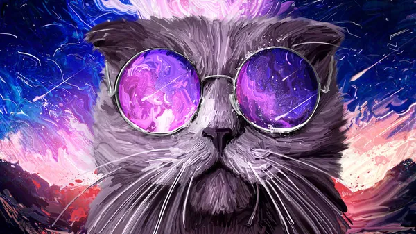 Funny friendly lop-eared cat in big round glasses that reflect the space, against a bright blue-purple sky, he has a big mustache and gray wool 2d oil illustration