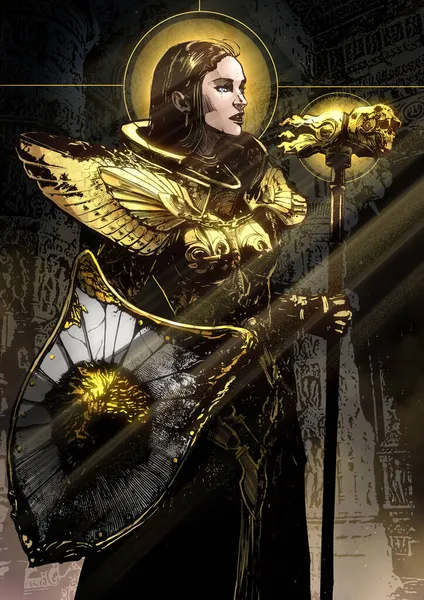 A beautiful paladin woman with a cute scarred face, standing in an ancient temple in golden armor shining in the sun, she has a shield with a lion and a hammer with a skull, she is a holy warrior. 2d