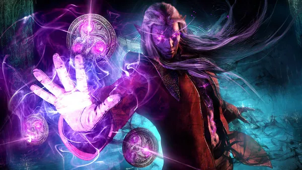 A sinister dark elf in a red jacket with long white hair, smitten with black filth, smokes with dark purple magic. He dynamically stretched out his hand forward casting a dark curse . 3d rendering art