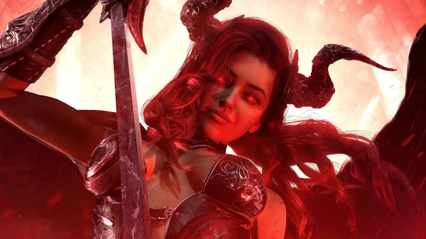 A sinister charming and sexy succubus woman with black wings, a bloody rusty sword, smiling looks with her red demonic eyes, she has an ideal body and face, her plate armor shines. 3d rendering