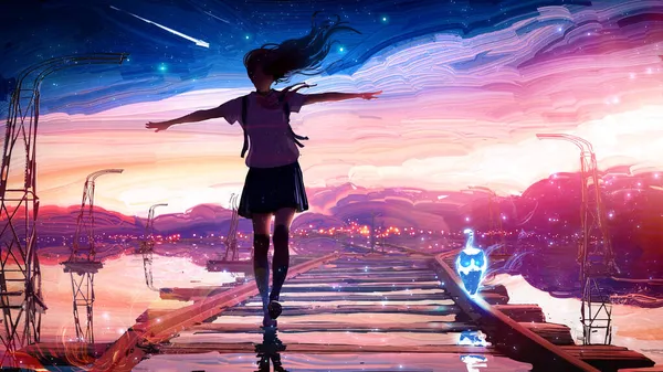 A young Japanese schoolgirl walks along the old railway tracks catching her balance, next to her is the blue spirit of the cat, behind the starry sunset sky that is reflected in the water. 2d oil art