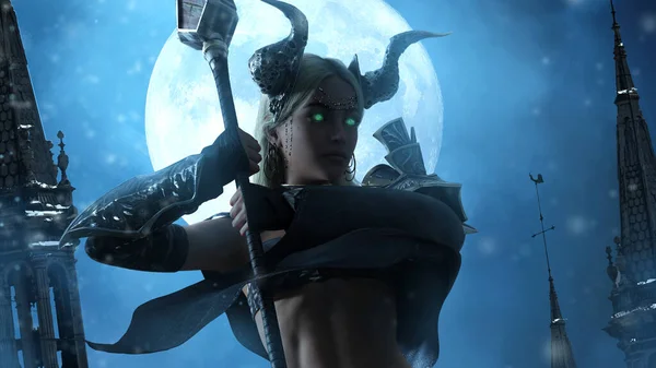A sexy demoness stands on the roof of a building in a snow-covered city on a full moon, she has a spiked glaive, metal horns and armor, a perfect body with a flat stomach and green eyes. 3d rendering