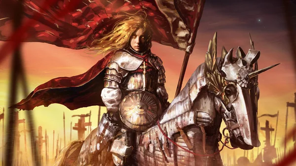 A beautiful female knight with divine golden eyes and hair in shiny plate armor with a red cloak and a flag rides in the middle of the crusader army on an armored horse, behind a bright sunset. 2d art