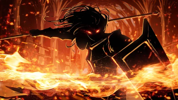 The silhouette of a fierce fiery knight with loose hair, large shield and glowing demonic eyes makes a fiery cut with his spear, revealing a fiery trail and sparks behind the burning temple. 2d art
