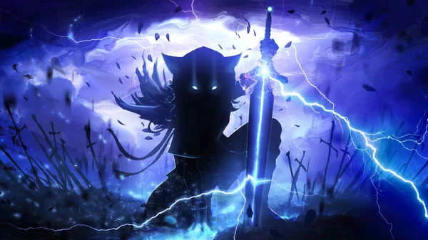 A dark silhouette with an electric wolf warrior, he is a child with incredible elemental power, a magic sword sparkling with lightning in his hand, a destructive storm is raging behind him 2d art