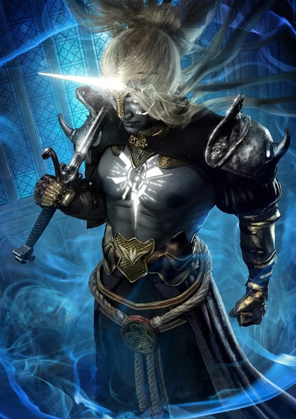 A brutal divine warrior with black skin and a unicorn horn on his forehead, he stands with a sword in plate armor, he has long hair and white shining tattoos, a mystical blue mist around. 3d rendering