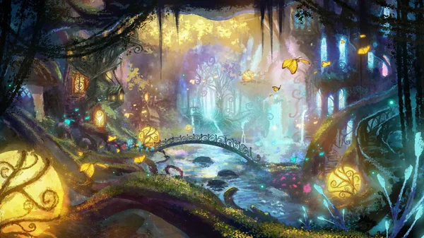 A colorful forest city of fairies with magical glowing plants, ancient mighty moss-covered trees with beautiful houses glowing windows are built, butterflies and fireflies fly in the air. 2d art