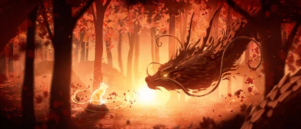 A huge incredibly long forest dragon in oriental style looks curiously at the spirit of a little fox cub sitting on a stone in the autumn orange forest in the rays of the bright sunset sun. 2d art