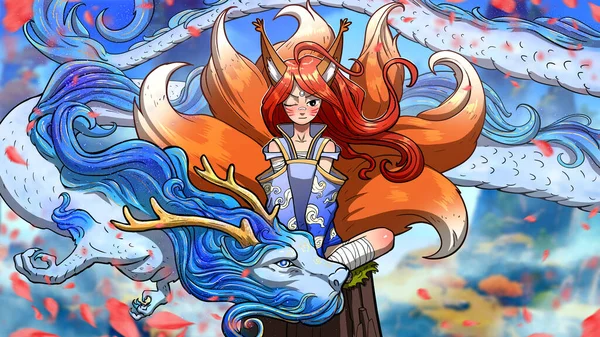 A cute perky fox girl with seven huge red tails in a kimono playfully looks with one eye. sitting on a rock high in the mountains, a magical friendly dragon with a blue mane wraps around her. 2d art