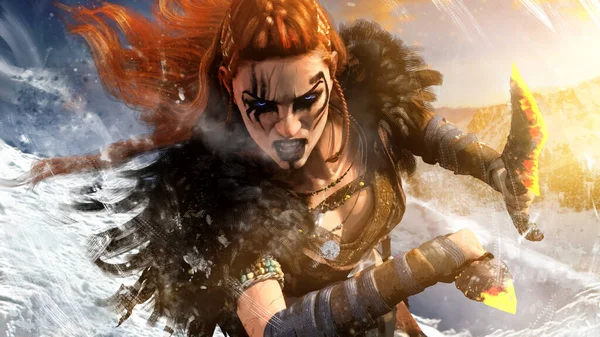 A fierce and beautiful barbarian woman is rapidly running into battle with two magical fire knives in the snow. She has long red hair, blue eyes and black tattoos and is dressed in skins. 3d rendering