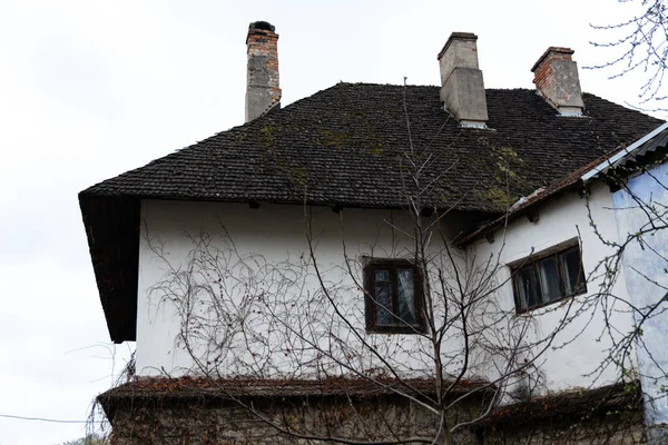 Old Residential Private House Ukrainian City Black Roof Chimneys White —  Fotos de Stock