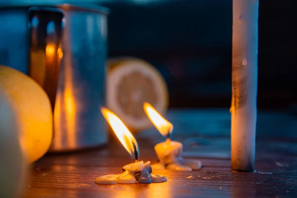 Metal Mug Tea Lemon Apples Lighted Candles Wooden Table Cold — Stock Photo, Image