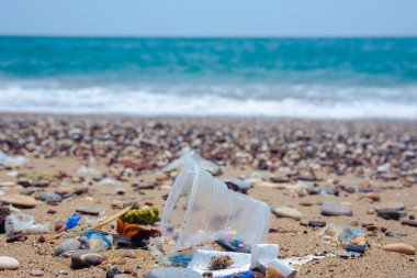 Garbage on the sea beach. A man-made garbage in the sea: plastic bottles, glasses and other plastic. Photo shows the problems of the environment due to pollution of the Earth with plastic waste.