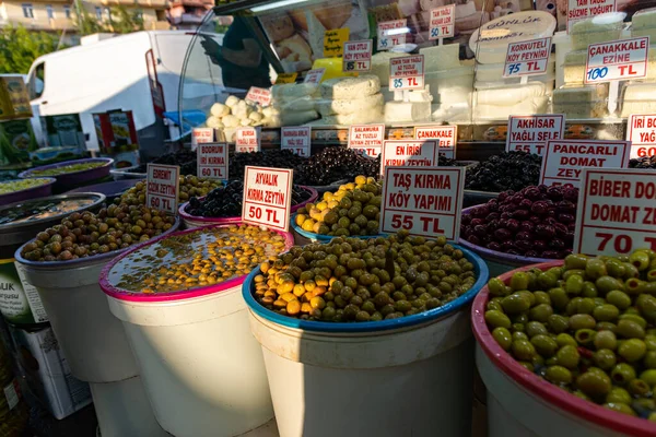 Showcase Olives Black Olives Market Turkey Prices Pickled Olives Turkey — Fotografia de Stock