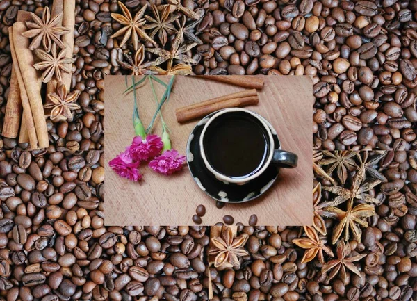 Small Cup Black Coffee Coffee Beans Rose Flowers — Stok Foto