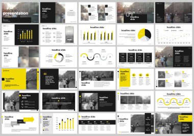 Sunu şablonu. Beyaz arka plandaki slayt sunuları için sarı öğeler. Ayrıca el ilanı, broşür, şirket raporu, pazarlama, reklam, yıllık rapor, banner olarak da kullanın