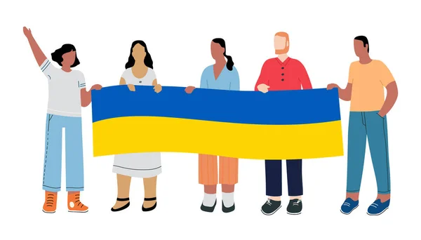 Un groupe de personnes arborant le drapeau de l'Ukraine exprime son soutien aux réfugiés ukrainiens. Rassemblement pour la paix en Ukraine. Pas de guerre. — Image vectorielle