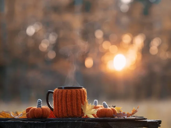 Чашка Горячего Чая Кофе Апельсиновом Трикотажном Свитере Жилете Деревянном Столе — стоковое фото