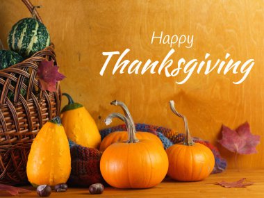 Mutlu Şükran Günleri. Sonbahar farklı balkabakları, akçaağaç yaprakları, ahşap bir kırsal masada örülmüş eşarp.