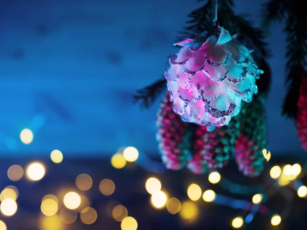 Karácsonyi Neon Háttér Karácsonyfa Ágak Másolás Tér Bokeh Koszorúk — Stock Fotó