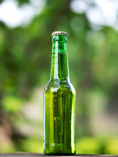 Botella Verde Cerveza Ligera Sobre Fondo Verde Verano — Foto de Stock