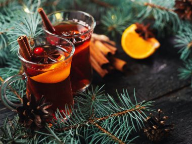 Noel kışı, kırmızı şaraptan baharatlı şarap ve tarçınlı meyve mandalinası. Geleneksel alkollü içecek.